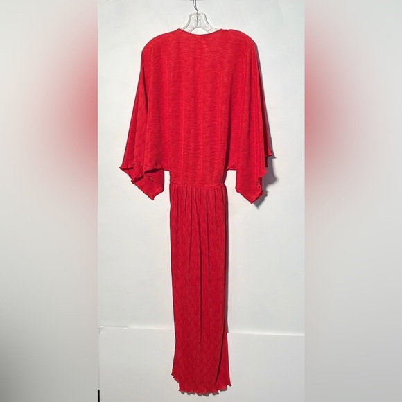 ZARA Kimono SLV Shimmer Ribbed Draped Lettuce Edge V-Neck Red Midi Party Dress S - Picture 3 of 16